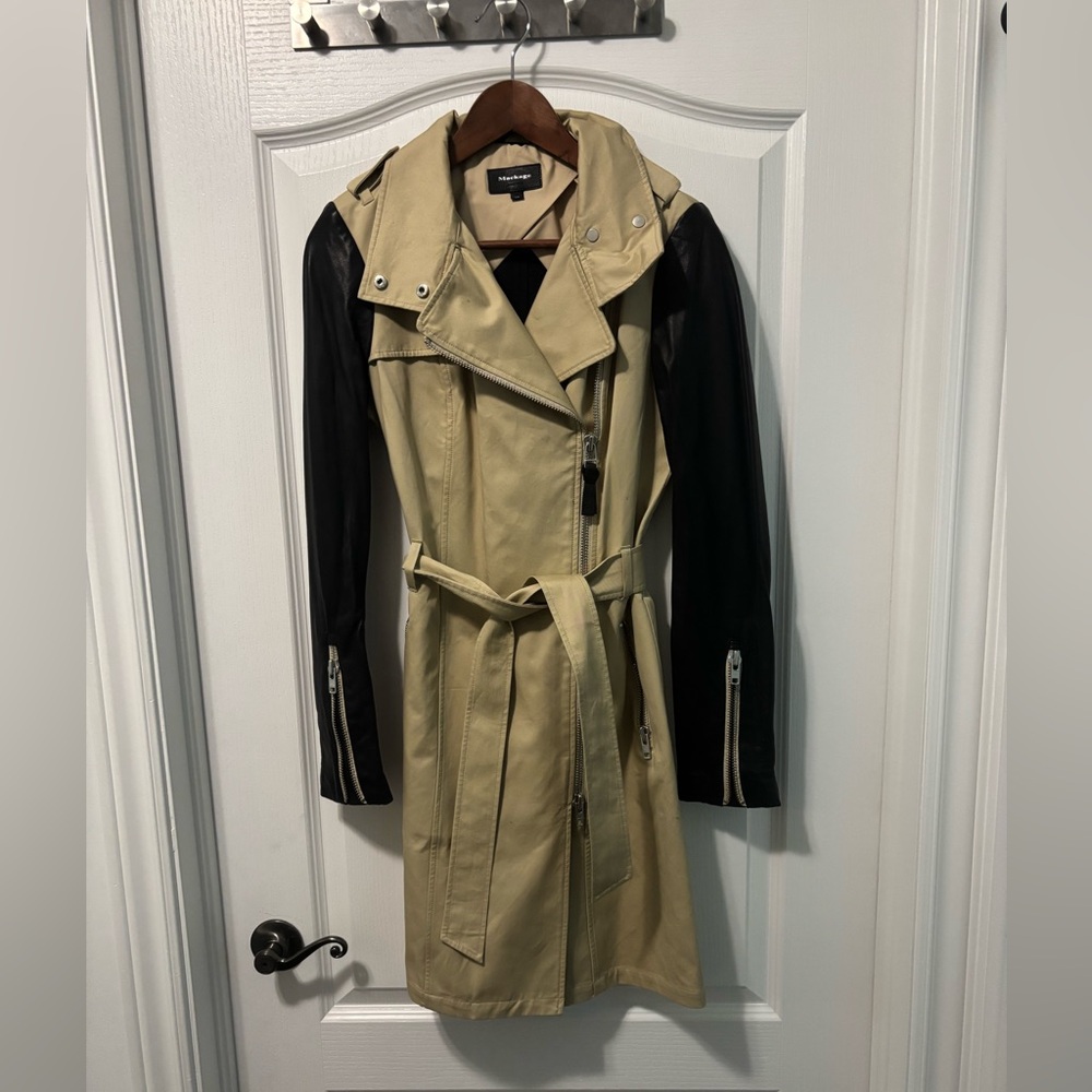 Mackage Tan and Black Trench Coat with Belted Waist
